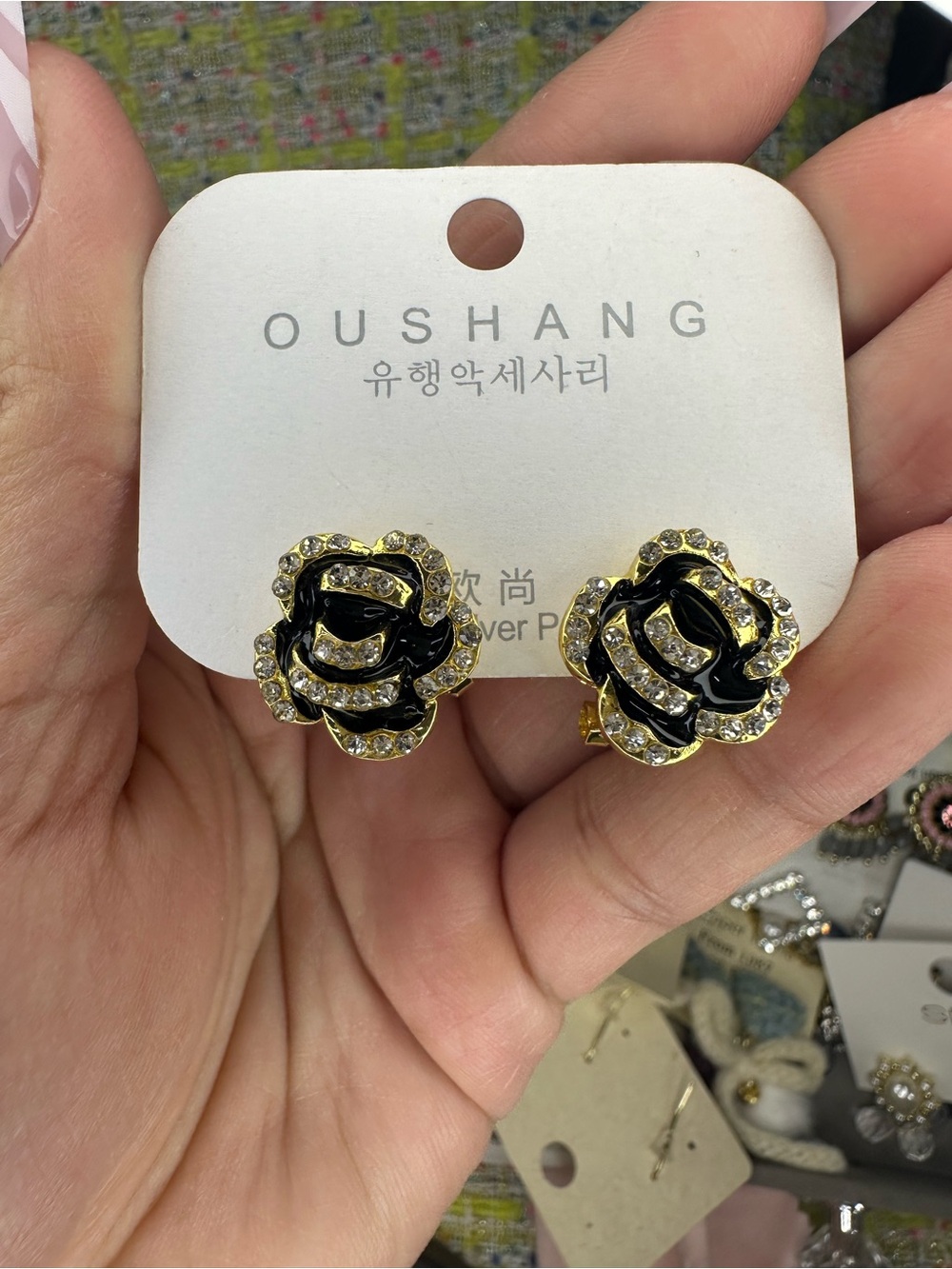 SHAN Black and Gold Floral Crystal Clip-On Earrings